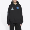 Ανδρικά Balenciaga x NASA FW21 Crossover Logo βαμβακερό κλασικό φούτερ με κουκούλα, φαρδιά γραμμή, μακριά μανίκια, μαύρο 651799TKVD81070