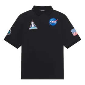 Ανδρική μονόχρωμη μπλούζα Polo Balenciaga x NASA Crossover FW21 με διαστημικό τύπωμα, από βαμβάκι, μαύρο 662493TKVG11070