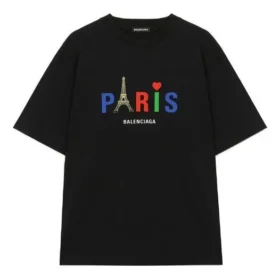 Ανδρικό Balenciaga Paris Love κανονικού μεγέθους T-shirt με τύπωμα, κοντό μανίκι, μαύρο 594579TGV431000 Ανδρικό Balenciaga Paris Love κανονικού μεγέθους T-shirt με τύπωμα, κοντό μανίκι, μαύρο 594579TGV431000