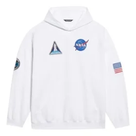 Ανδρικό Balenciaga x NASA FW21 Crossover Logo βαμβακερό κλασικό φούτερ με κουκούλα, φαρδιά γραμμή, μακριά μανίκια, λευκό 651799TKVD89040