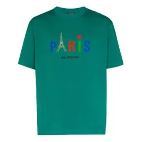 Ανδρικό κανονικό T-shirt Balenciaga Paris Love με εκτύπωση, κοντό μανίκι, πράσινο 594579TGV433640