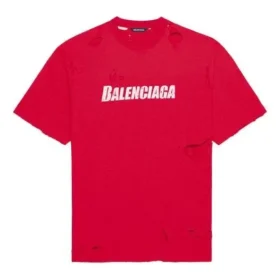 Ανδρικό μπλουζάκι Balenciaga με τυπωμένο αλφάβητο, τρύπες, στρογγυλό λαιμό και κοντά μανίκια, κόκκινο 651795TKVB86295 Ανδρικό μπλουζάκι Balenciaga με τυπωμένο αλφάβητο, τρύπες, στρογγυλό λαιμό και κοντά μανίκια, κόκκινο 651795TKVB86295