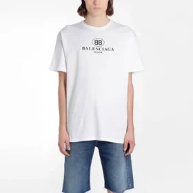 Ανδρικό μπλουζάκι Balenciaga με τυπωμένο λογότυπο, στρογγυλό λαιμό και κοντά μανίκια, λευκό 556150TYK239000