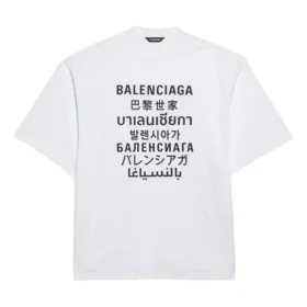 Ανδρικό πουλόβερ Balenciaga με στρογγυλό λαιμό, κοντό μανίκι και τύπωμα λέξεων, λευκό 641614TJVI39040