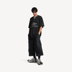 Ανδρικό T-shirt φούτερ ποδοσφαίρου 3b με V-neck, oversized, σε μαύρο/ανθρακί