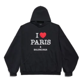 Φούτερ με κουκούλα I Love Paris Balenciaga, φαρδιά εφαρμογή “Black Faded” 803265TRVM61041