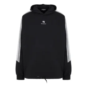 Φούτερ με κουκούλα και ριγέ μανίκια Sporty B, Oversized “Μαύρο Λευκό” 704023TMVG23869