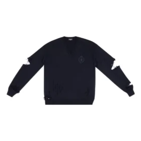 Πλεκτό πουλόβερ με V-neck και φθαρμένη εμφάνιση “Navy” 696091T16420414