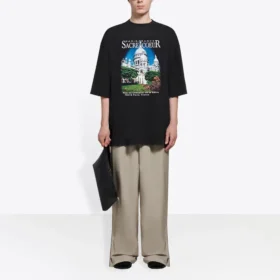 SS21 Ρετρό απλή ύφανση, φαρδύ, κοντομάνικο, Unisex, μαύρο T-shirt 641614TJVH61000